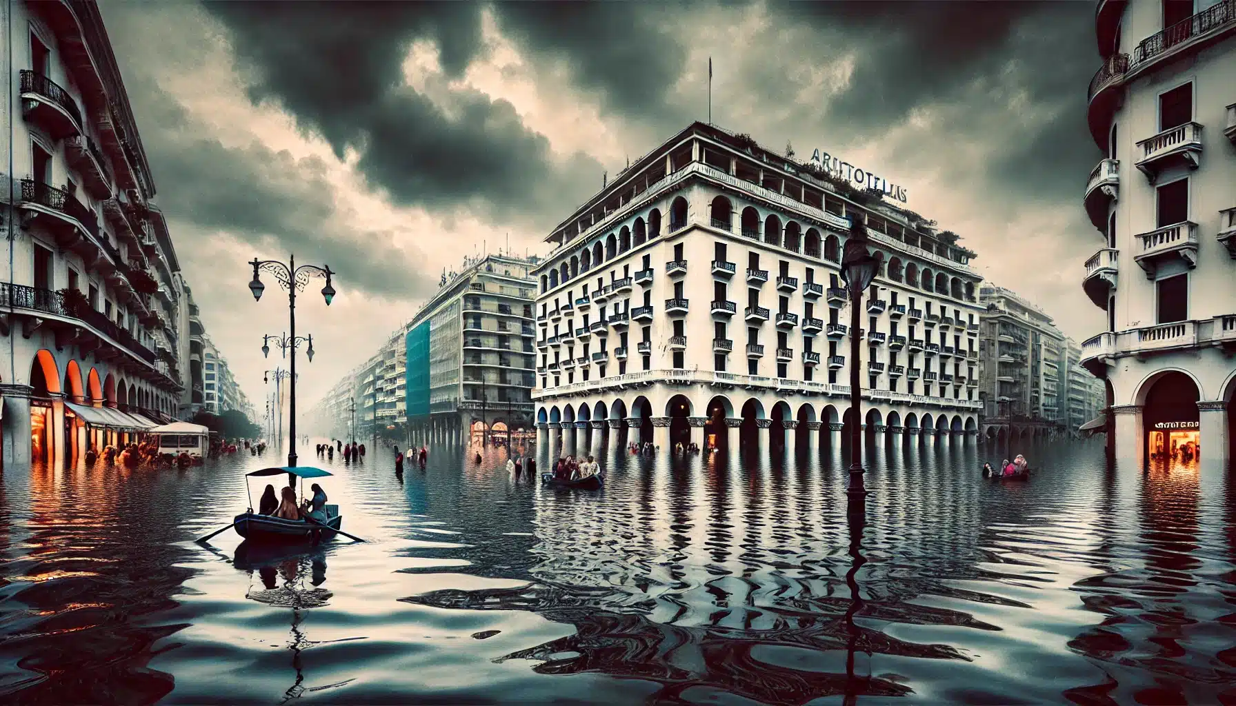 dall·e 2024 11 01 15.58.33 a surreal image of aristotelous square in thessaloniki as if it were flooded similar to the recent flooding in valencia. the square is filled with wa