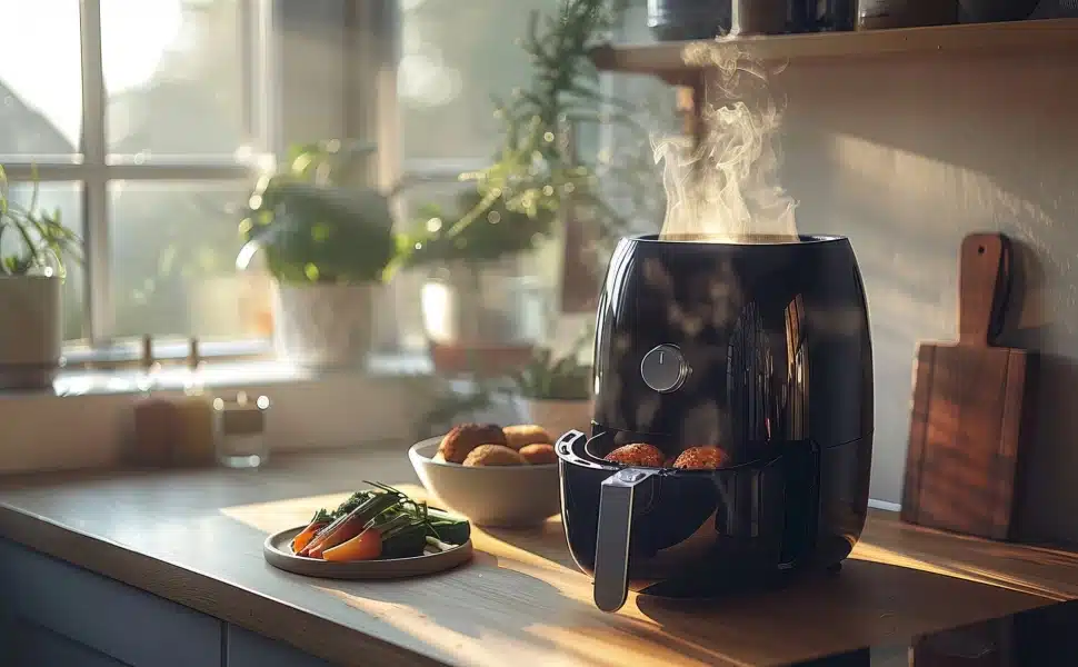 view modern air fryer with food